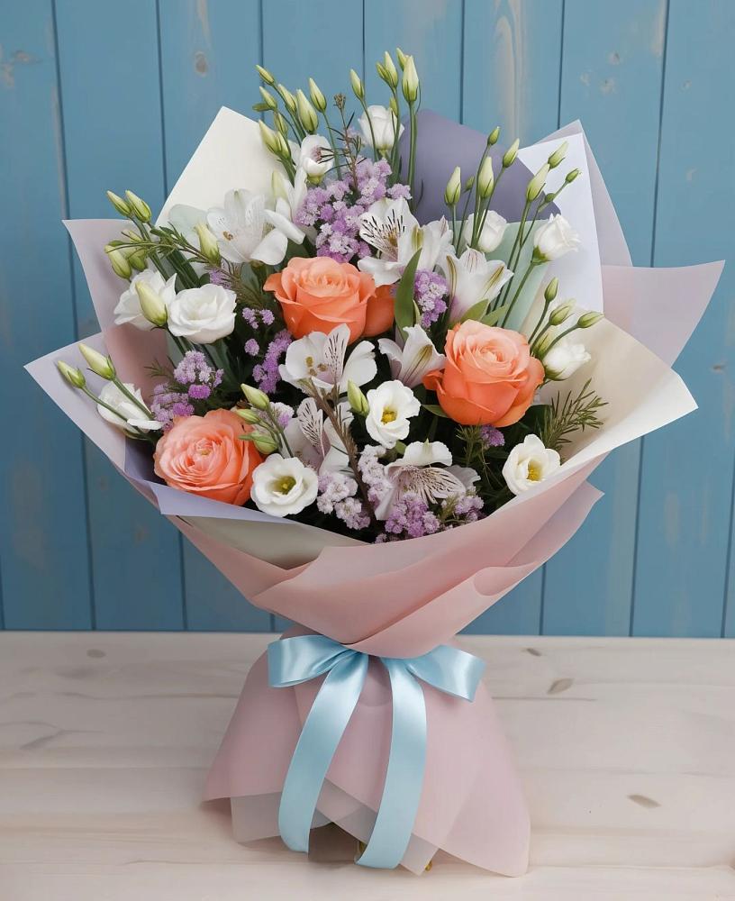 Букет цветов из: Лизиантусы, Розы, Альстромерии и Гипсофила в Петровское